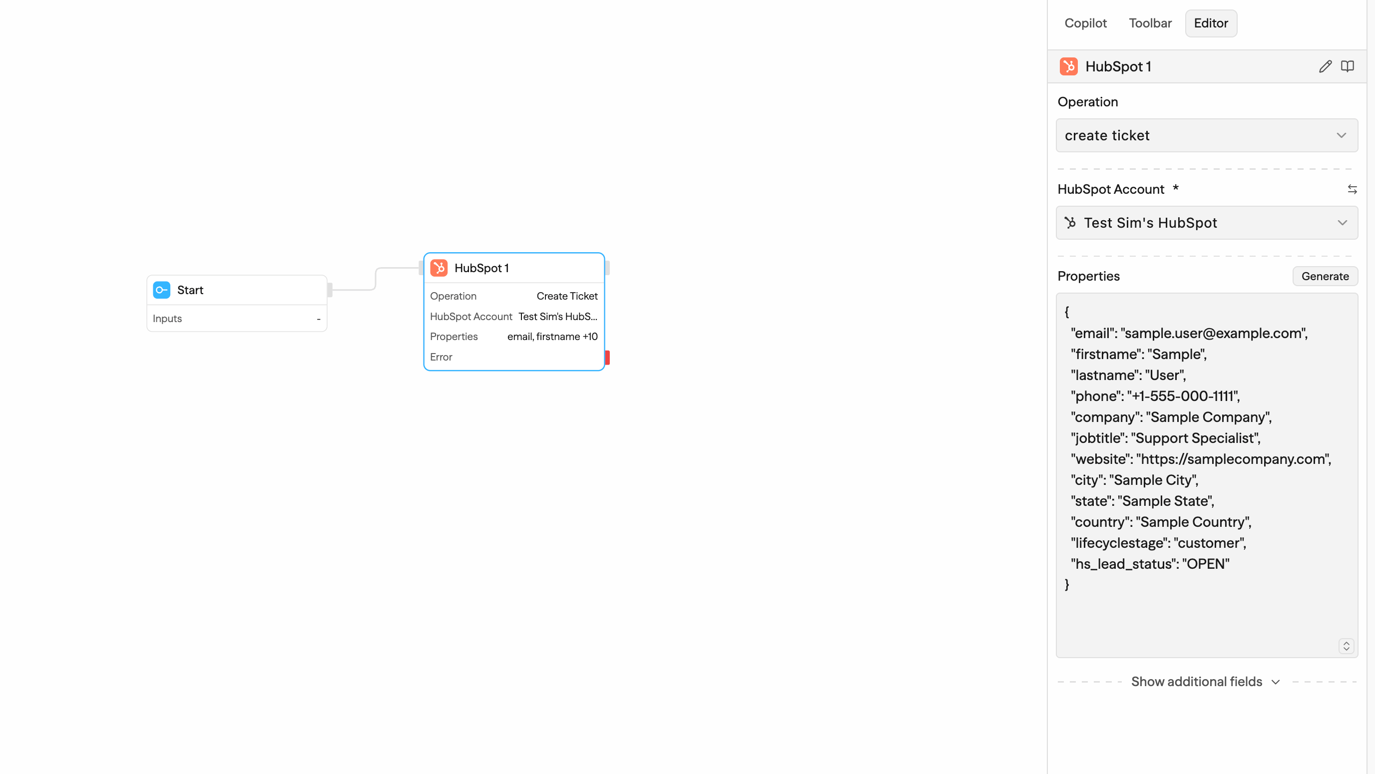 Sim workflow using a HubSpot block to update CRM records