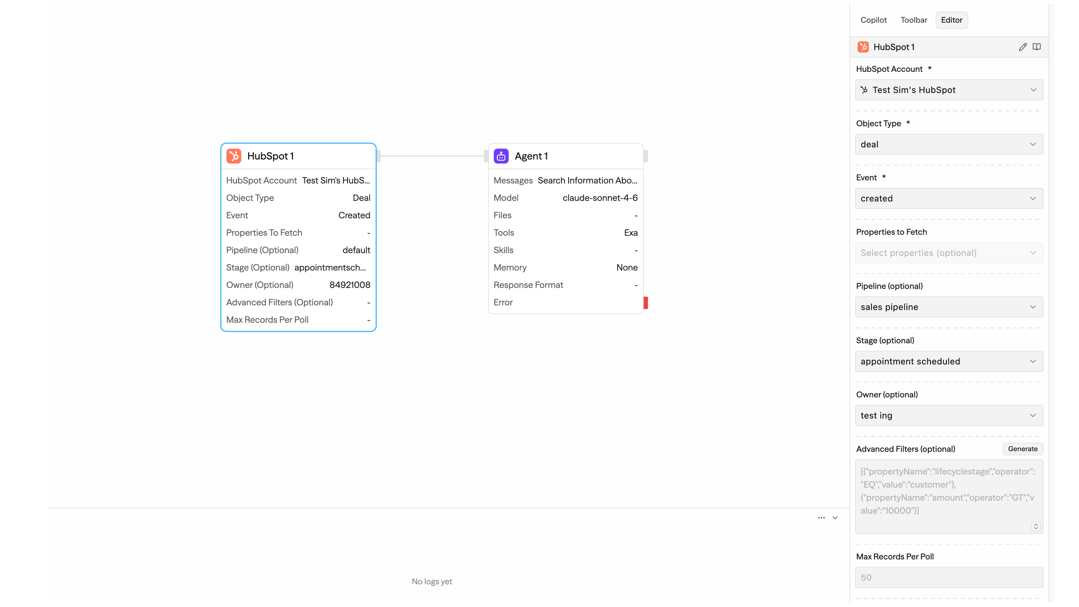 HubSpot CRM trigger configured to start a Sim workflow when a deal is created