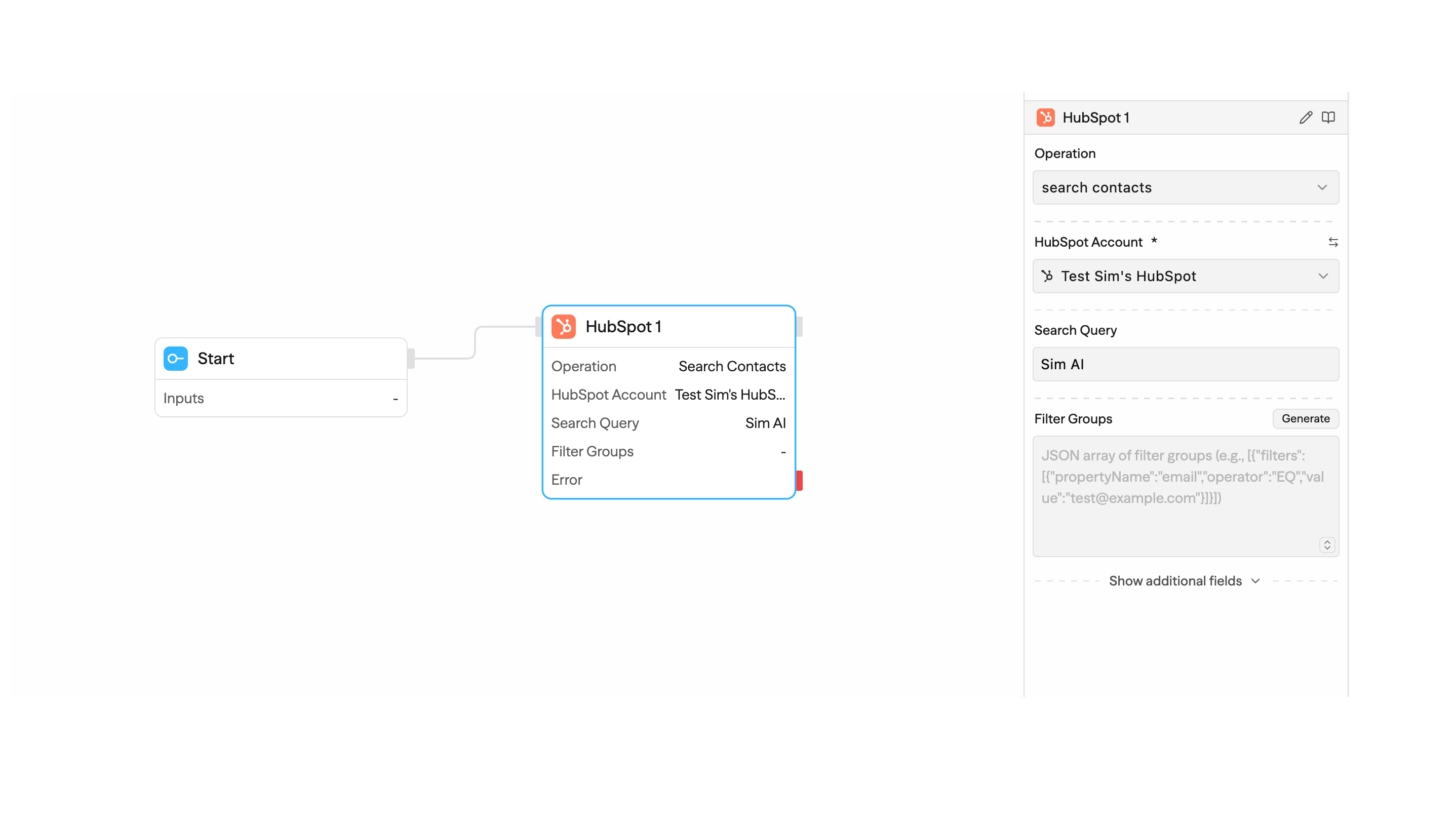 Sim workflow searching HubSpot CRM records and using the results in later steps