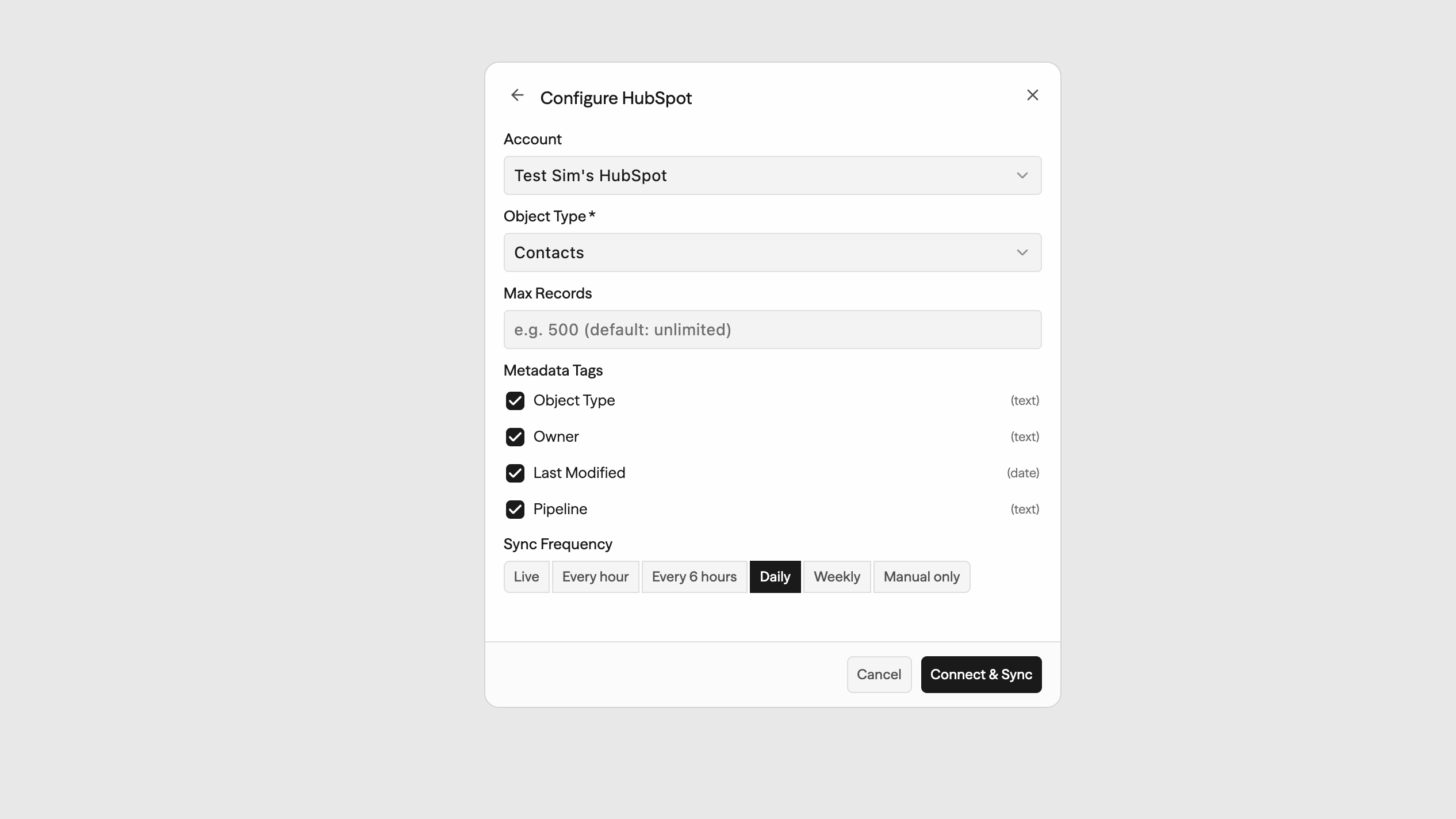 Sim knowledge base connector syncing HubSpot CRM records